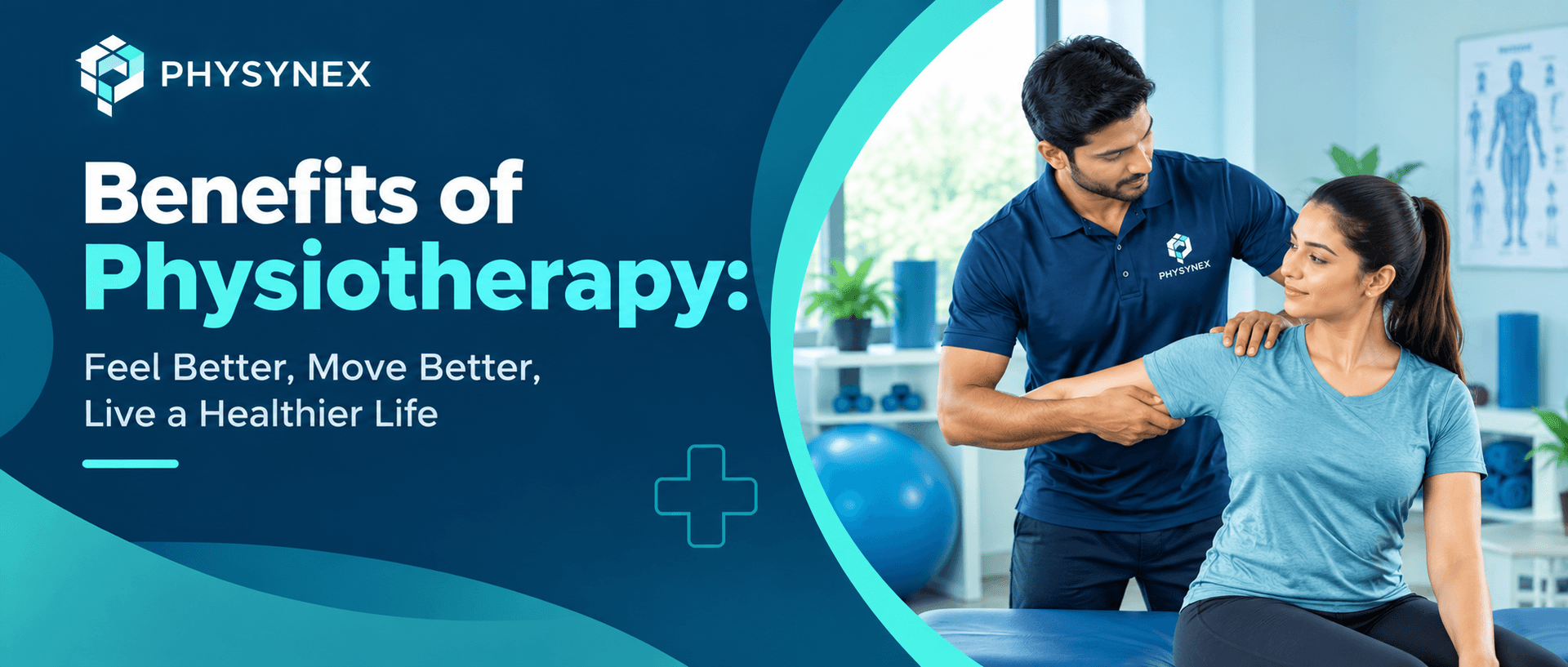 Physynex physiotherapist guiding a patient's shoulder stretch – Benefits of Physiotherapy: feel better, move better, live a healthier life